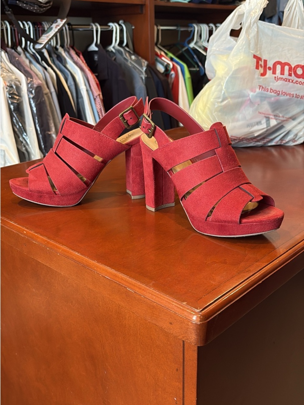 Women’s Red Suede Block Heel Sandals